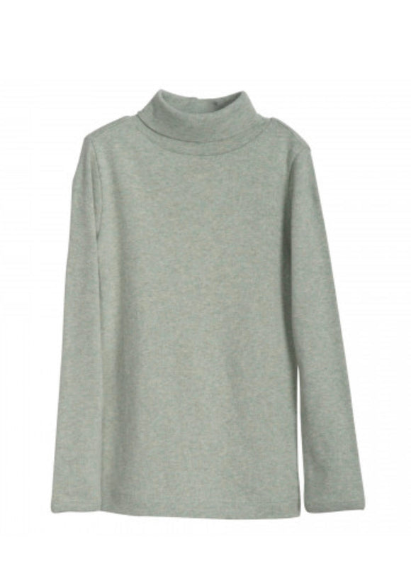 A green turtleneck tee for children, made of organic rib cotton, in a slim fit with long sleeves.