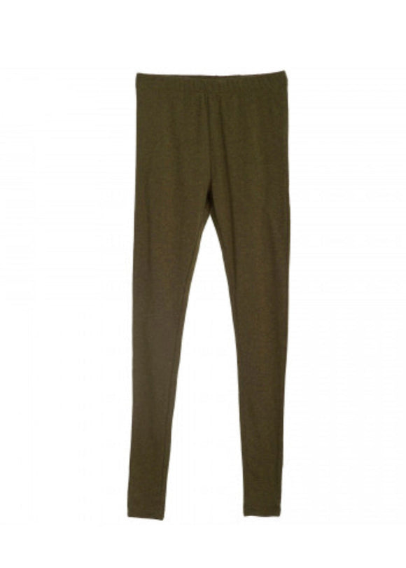 A pair of green melange rib leggings with an elastic waistband, made from soft ribbed fabric.
