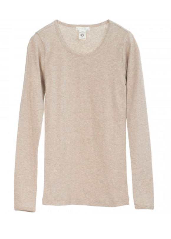 A long-sleeved beige woman's t-shirt with a rounded neckline.